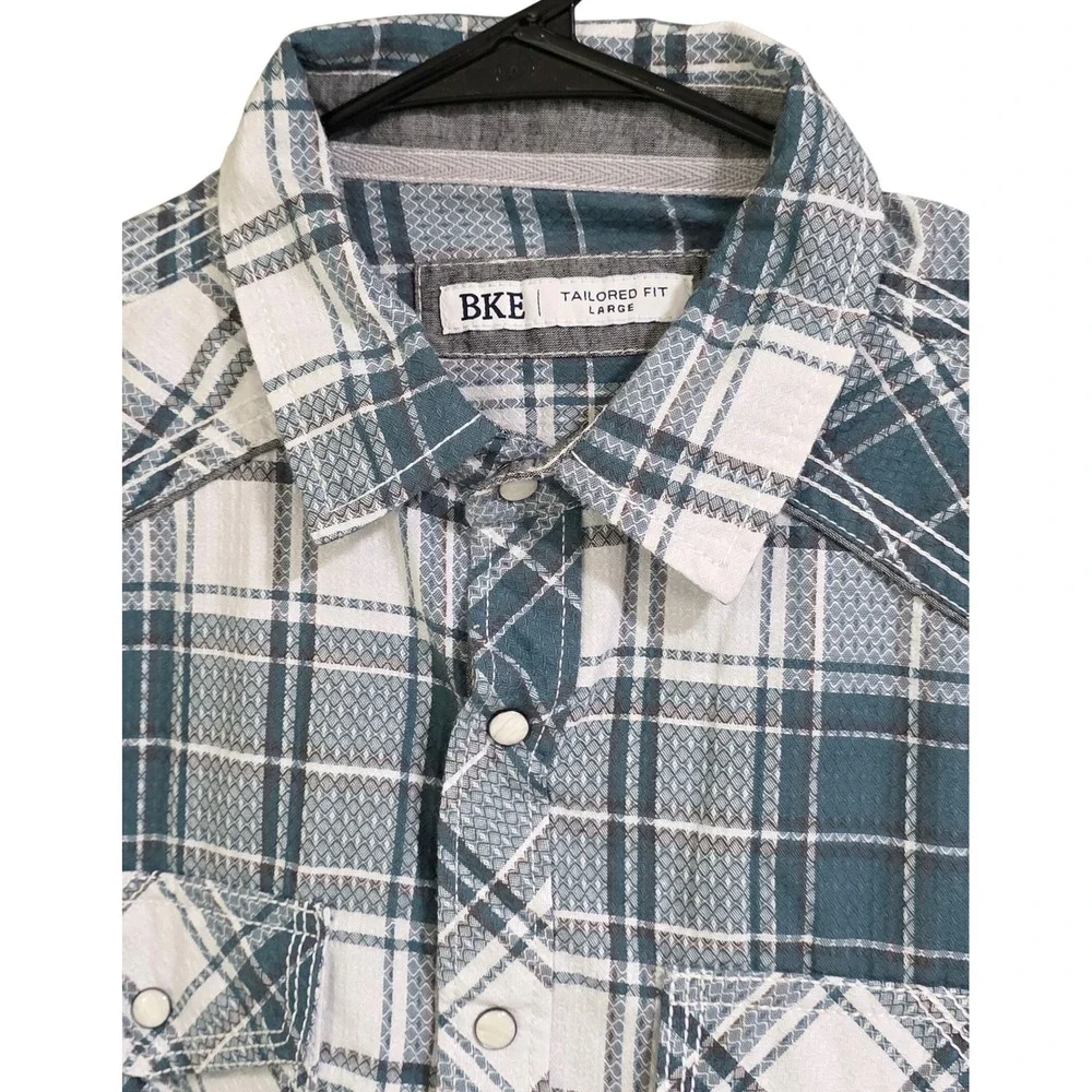 BKE‎ Western Snap Shirt Mens Large Teal White Plaid Tailored Fit  Condition